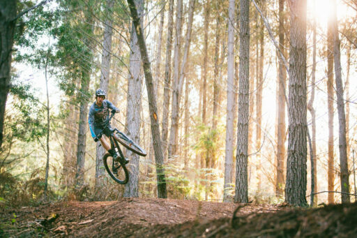 Cyclist riding in Mystic Mountain Bike Park's pine trees