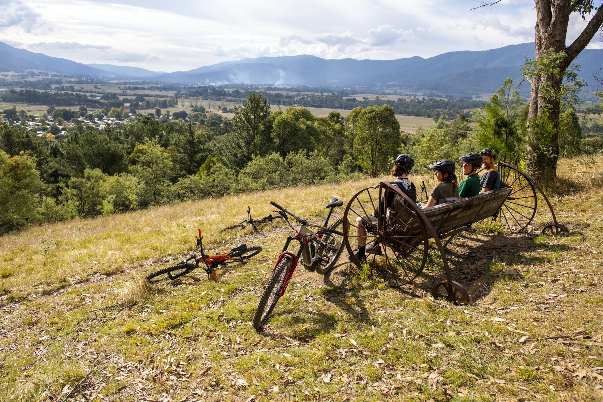 Mountain bike riders relaxing at Whipps Chair in Mount Beauty at Big Hill Mountain Bike Park.