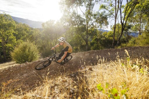 Cyclist riding a mountain bike park on Eildon Mountain Bike Park's trail